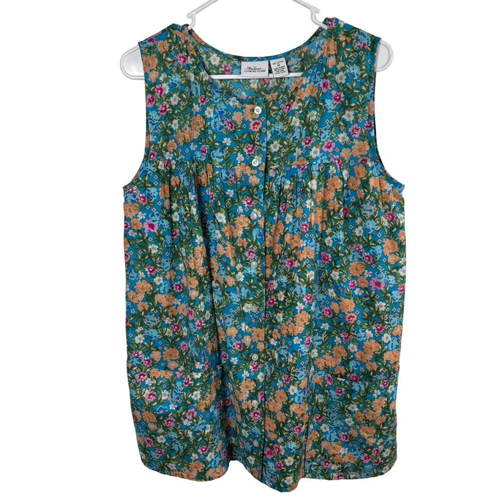 Vermont Country Store Chore Apron M Blue Floral Cotton Smock Cottage Grandmacore